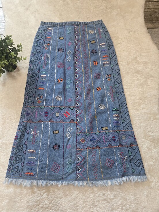 Chico's Dresses & Skirts - Chico's Design Vintage Embroidered Denim Maxi Fringed Boho Folk Skirt, 0 - 4/S